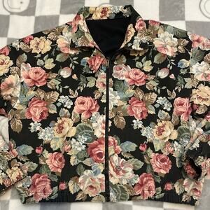 VTG TAPESTRY floral, denim collared, zip up bomber jacket pink black m